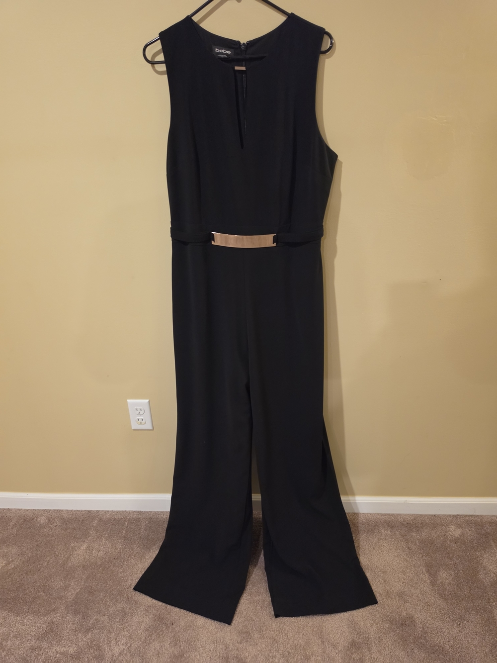 bebe Black Sleeveless Jumpsuit with Gold Waist Accent